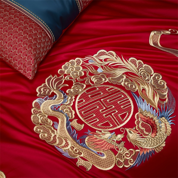 91家纺网 家纺一手货源 找家纺 高大尚婚庆馆 2025新款60s长绒棉轻奢（床裙款）婚庆四件套 龙凤贺彩