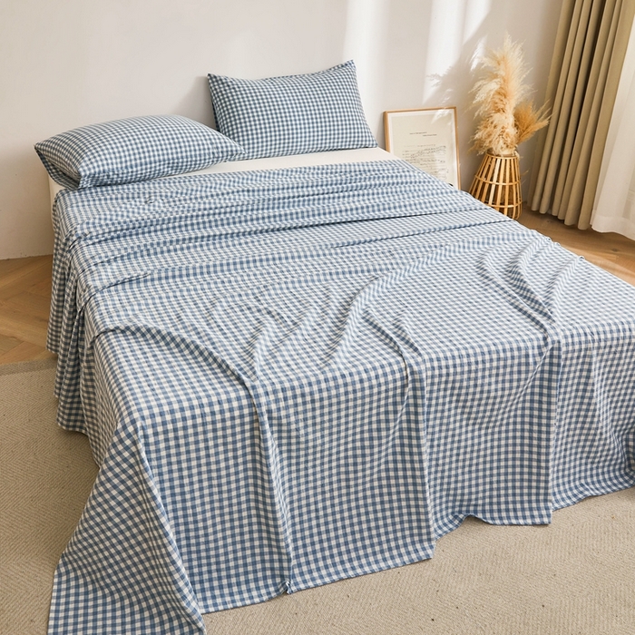 91家纺网 家纺一手货源 找家纺 雅萱家纺 2024新款雅萱-色织全棉水洗棉床单 床单-小格-蓝