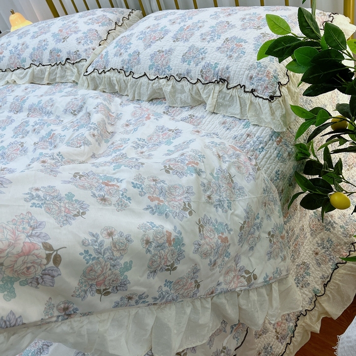 91家纺网 家纺一手货源 找家纺 暖居 2024新款韩系大花边夏被床盖四件套可机洗+同款纯棉被套 酣春