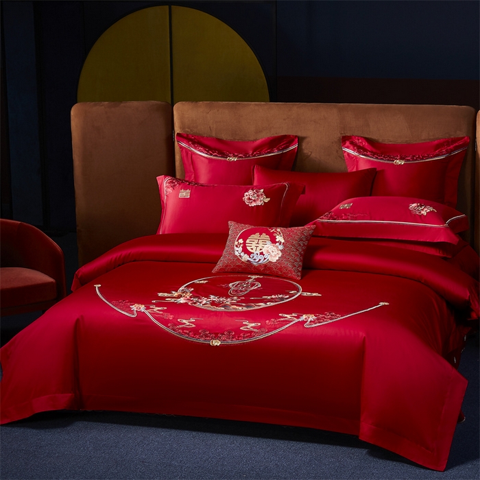 91家纺网 家纺一手货源 找家纺 高大尚婚庆馆 2025新款60s长绒棉轻奢（床裙款）婚庆四件套 为爱盛开