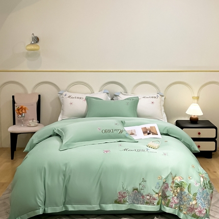 新印象 2024新款60s天丝宽边绣花工艺四件套-繁花 繁花-绿