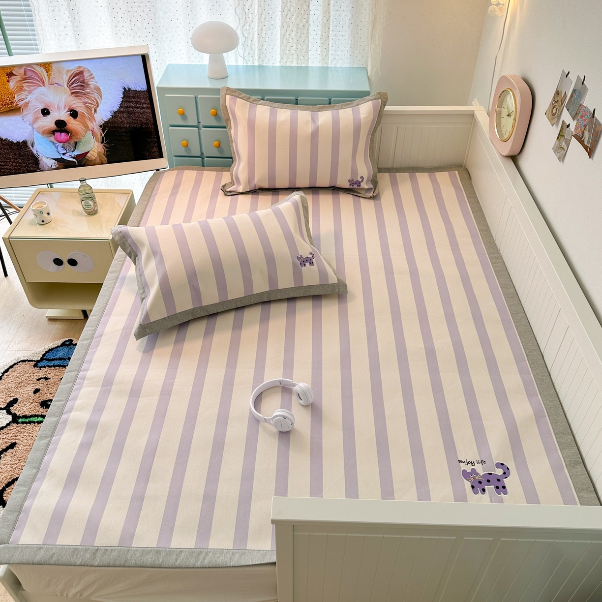 91家纺网 家纺一手货源 找家纺 昔可家纺 2024新款印花绣花冰丝席平席款 波点紫猫