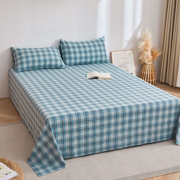 91家纺网 家纺一手货源 找家纺 雅萱家纺 2024新款雅萱-色织全棉水洗棉床单 床单-意境-蓝