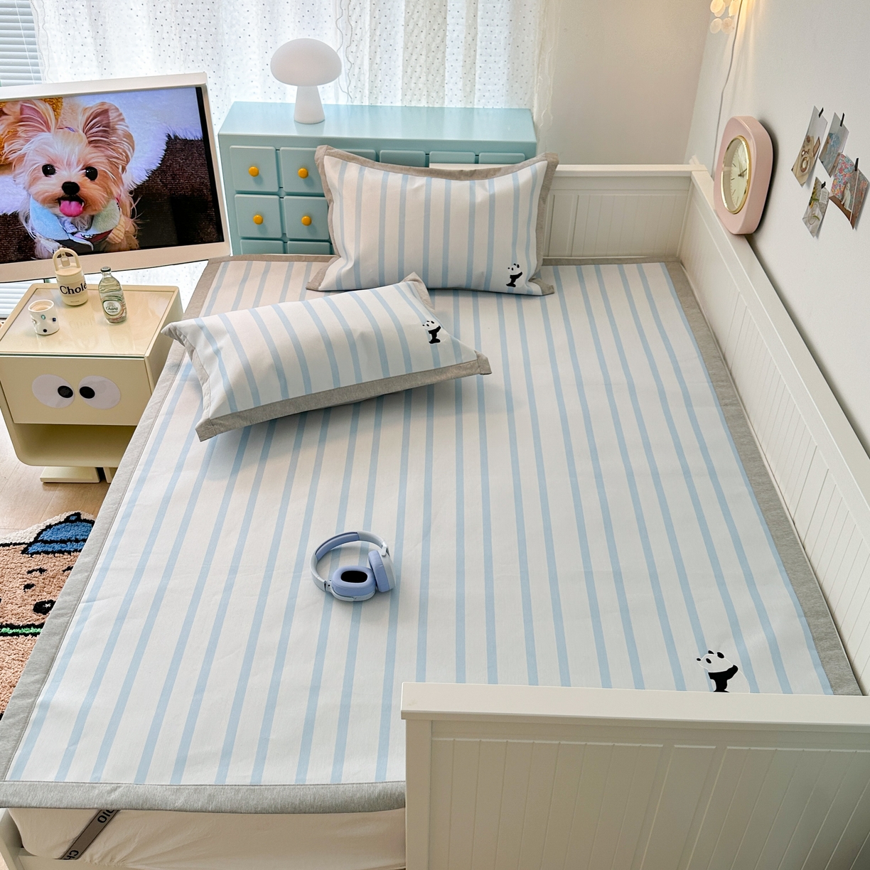 91家纺网 家纺一手货源 找家纺 昔可家纺 2024新款印花绣花冰丝席平席款 蓝条熊猫