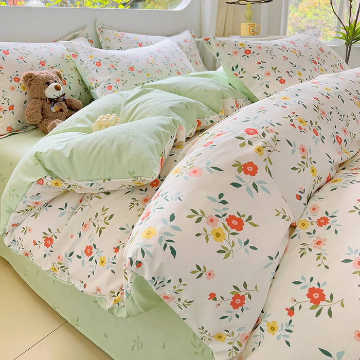 91家纺网 家纺一手货源 找家纺 暖芯优选 204新款直播爆款全棉-ins印花系列四件套纯棉三件套床单床笠 花物语