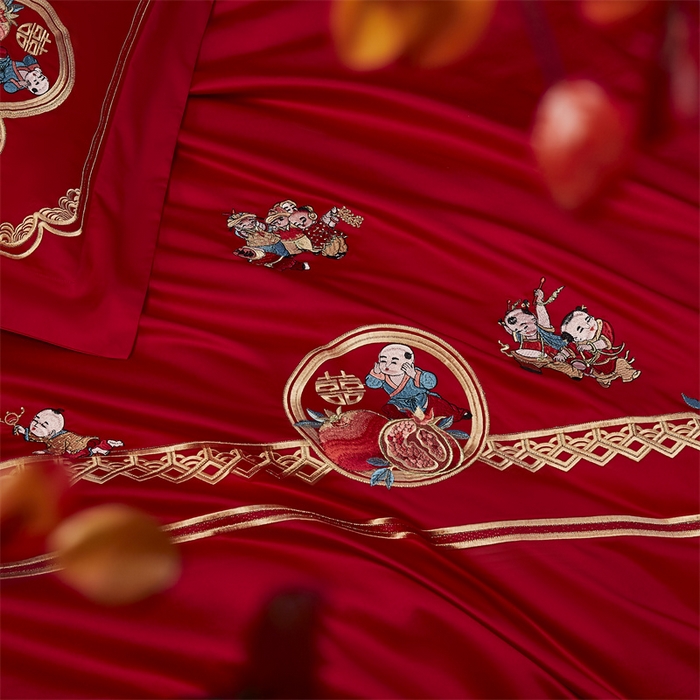 91家纺网 家纺一手货源 找家纺 高大尚婚庆馆 2025新款60s长绒棉轻奢（床裙款）婚庆四件套 多子多福