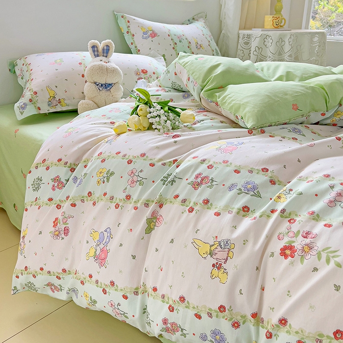 91家纺网 家纺一手货源 找家纺 暖芯优选 204新款直播爆款全棉-ins印花系列四件套纯棉三件套床单床笠 恋爱小兔