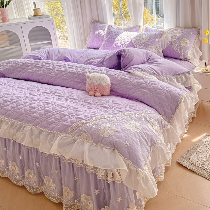 91家纺网 家纺一手货源 找家纺 罗艺轩 2024新款公主风水洗棉夹棉床裙款四件套-浪漫满屋床 浪漫满屋-茉莉紫