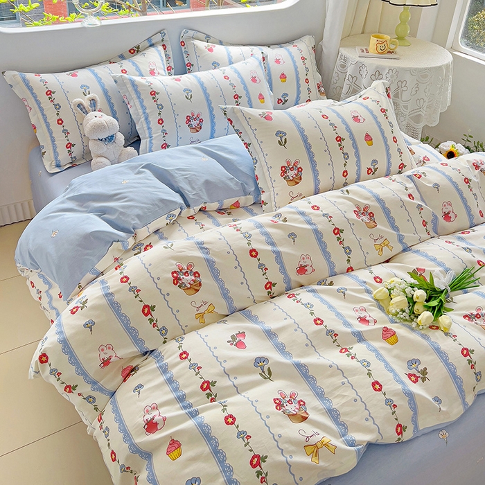 91家纺网 家纺一手货源 找家纺 暖芯优选 204新款直播爆款全棉-ins印花系列四件套纯棉三件套床单床笠 花篮小兔