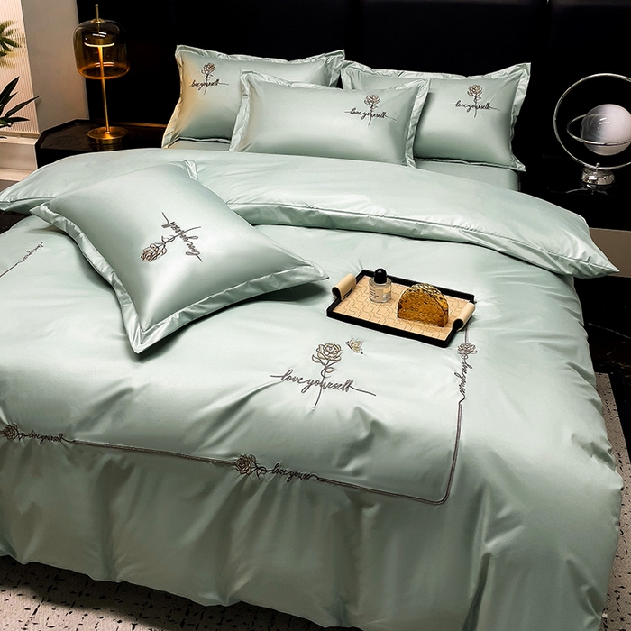 91家纺网 家纺一手货源 找家纺 宜家坊 2024春夏新品水洗天丝棉轻奢刺绣四件套水洗真丝冰丝-芸伊 绿