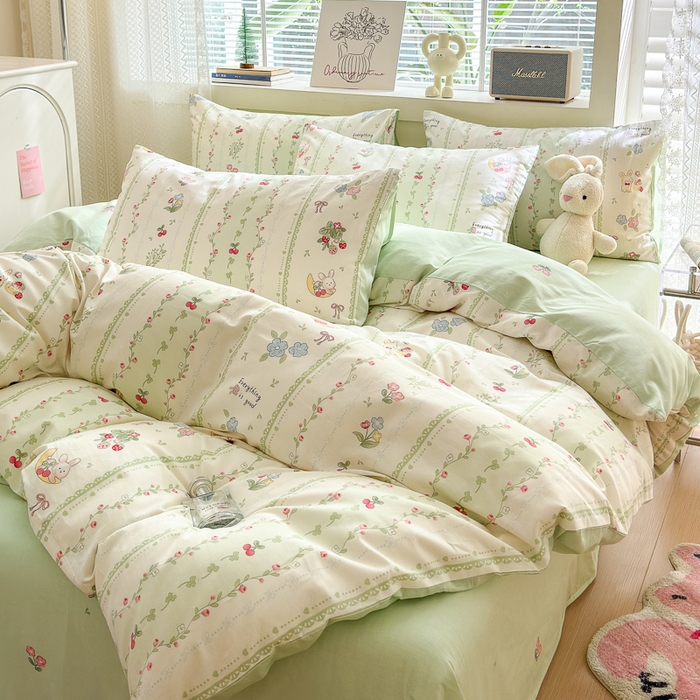 91家纺网 家纺一手货源 找家纺 清雅福 2024新款全棉13372小清新四件套和单品系列第四季 草莓兔