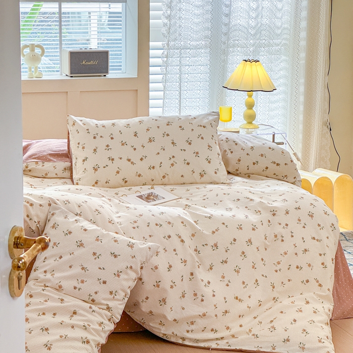 91家纺网 家纺一手货源 找家纺 清雅福 2024新款全棉13372小清新四件套和单品系列第四季 颜夕咖