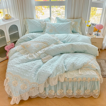 罗艺轩 2024新款公主风水洗棉夹棉床裙款四件套-浪漫满屋床 浪漫满屋-海盐蓝