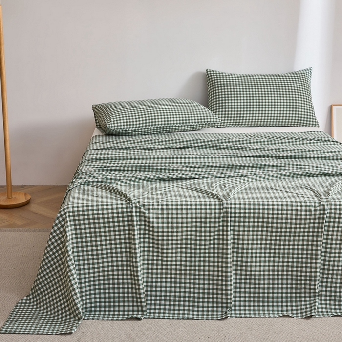 91家纺网 家纺一手货源 找家纺 雅萱家纺 2024新款雅萱-色织全棉水洗棉床单 床单-小格-绿