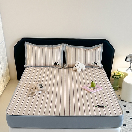 昔可家纺 2024新款数码印花刺绣床笠款冰丝席 条纹猫咪