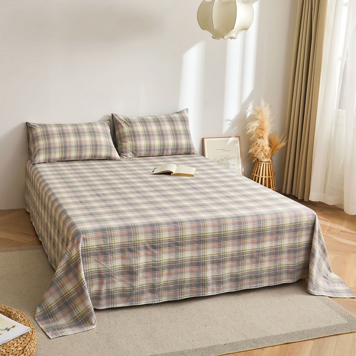 91家纺网 家纺一手货源 找家纺 雅萱家纺 2024新款雅萱-色织全棉水洗棉床单 床单-日和-绿棕格