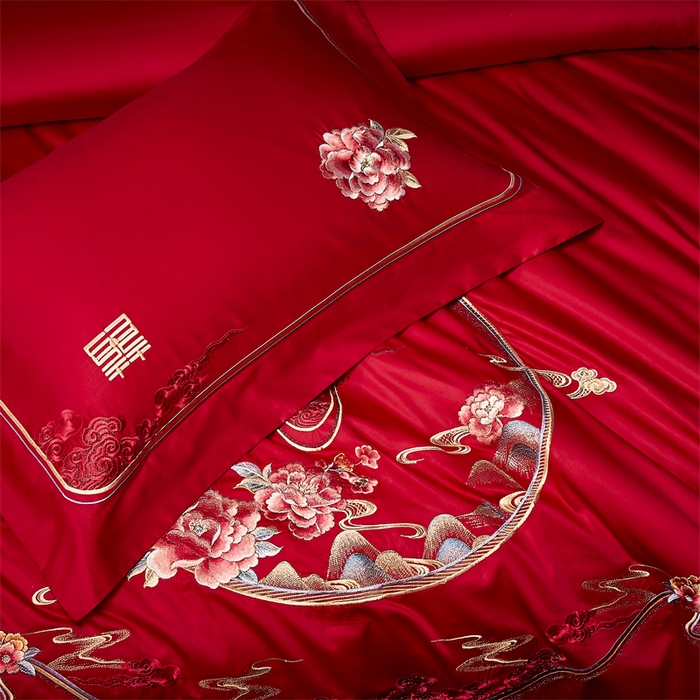 91家纺网 家纺一手货源 找家纺 高大尚婚庆馆 2025新款60s长绒棉轻奢（床裙款）婚庆四件套 为爱盛开