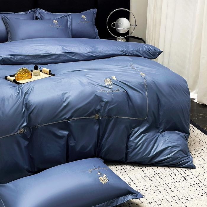 91家纺网 家纺一手货源 找家纺 宜家坊 2024春夏新品水洗天丝棉轻奢刺绣四件套水洗真丝冰丝-芸伊 蓝