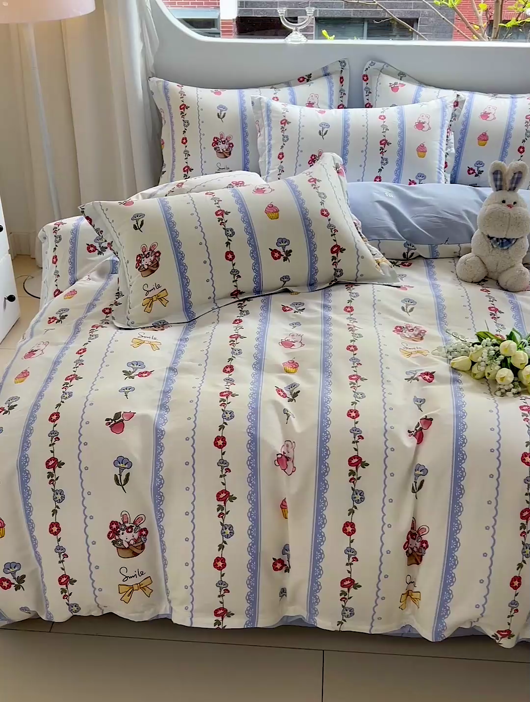 91家纺网 家纺一手货源 找家纺 暖芯优选 204新款直播爆款全棉-ins印花系列四件套纯棉三件套床单床笠 花篮小兔