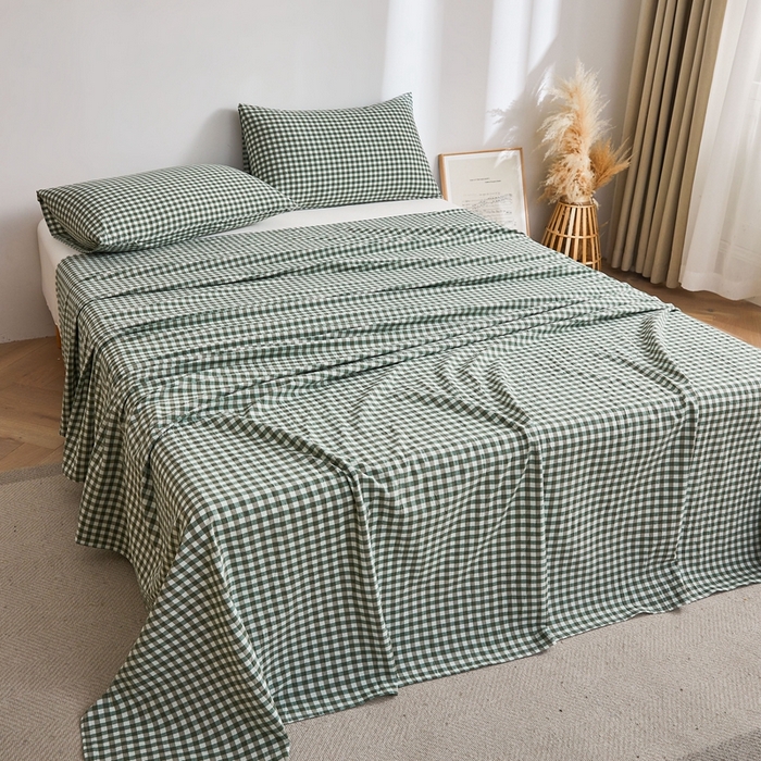 91家纺网 家纺一手货源 找家纺 雅萱家纺 2024新款雅萱-色织全棉水洗棉床单 床单-小格-绿
