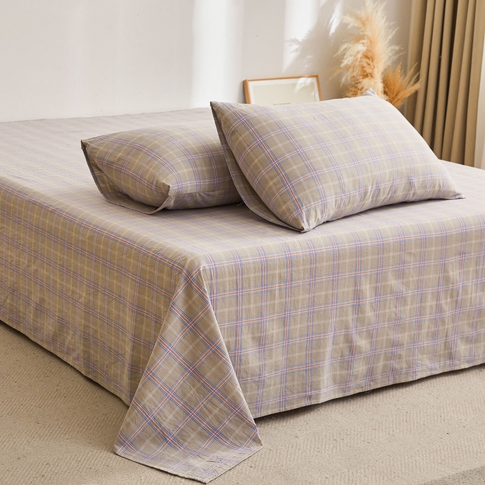 91家纺网 家纺一手货源 找家纺 雅萱家纺 2024新款雅萱-色织全棉水洗棉床单 床单-小格-棕