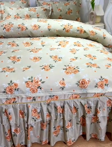 91家纺网 家纺一手货源 找家纺 小雨家纺 2026新款芦荟棉床裙四件套 春暖花开-棕