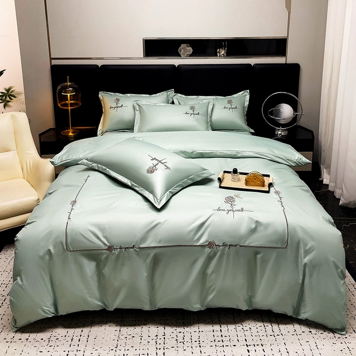 91家纺网 家纺一手货源 找家纺 宜家坊 2024春夏新品水洗天丝棉轻奢刺绣四件套水洗真丝冰丝-芸伊 绿
