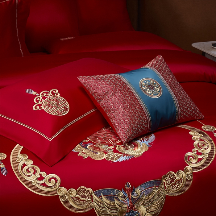 91家纺网 家纺一手货源 找家纺 高大尚婚庆馆 2025新款60s长绒棉轻奢（床裙款）婚庆四件套 龙凤贺彩