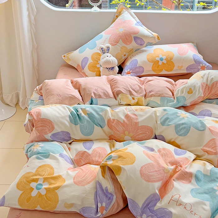 91家纺网 家纺一手货源 找家纺 暖芯优选 204新款直播爆款全棉-ins印花系列四件套纯棉三件套床单床笠 花恬梦