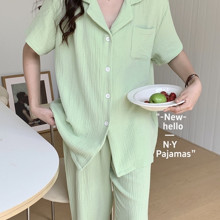 纽约生活 2024新款纯色绉布短袖九分家居服女款 奶油绿