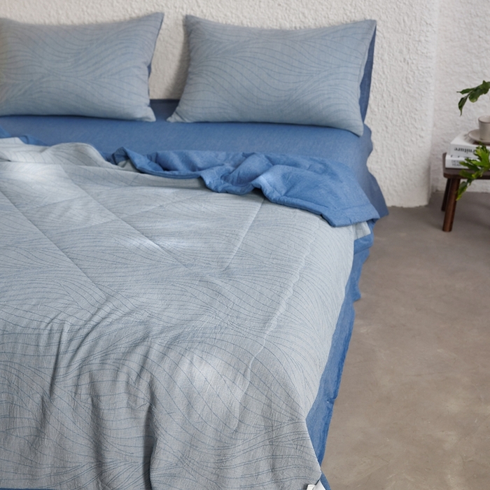 91家纺网 家纺一手货源 找家纺 2024新款色织双层纱提花波浪三系列夏被及夏被四件套--乱纹波浪 乱纹-深蓝