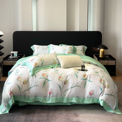 91家纺网 家纺一手货源 找家纺 佳汐蓝家纺 2024新款60支兰精天丝数码印花四件套 南笙菊 白