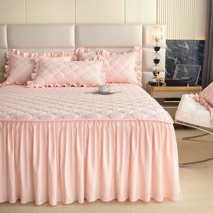 91家纺网 家纺一手货源 找家纺 忘忧草 2024新款亲肤磨毛夹棉床裙 佳人-丽人粉