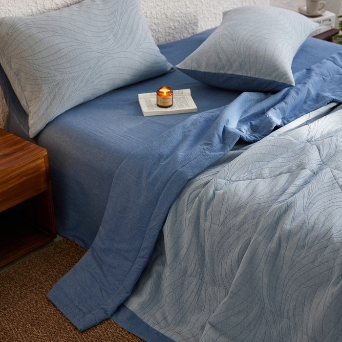 91家纺网 家纺一手货源 找家纺 2024新款色织双层纱提花波浪三系列夏被及夏被四件套--乱纹波浪 乱纹-深蓝