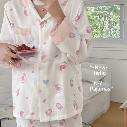 纽约生活2024新款软软糯糯的双层纱睡衣 草莓爱心