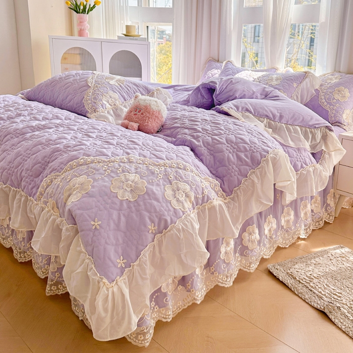 91家纺网 家纺一手货源 找家纺 罗艺轩 2024新款公主风水洗棉夹棉床裙款四件套-浪漫满屋床 浪漫满屋-茉莉紫