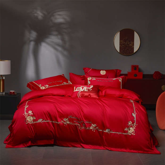 91家纺网 家纺一手货源 找家纺 高大尚婚庆馆 2025新款60s长绒棉轻奢（床裙款）婚庆四件套 真爱相随（金）