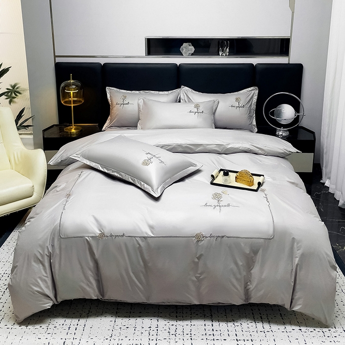 91家纺网 家纺一手货源 找家纺 宜家坊 2024春夏新品水洗天丝棉轻奢刺绣四件套水洗真丝冰丝-芸伊 灰