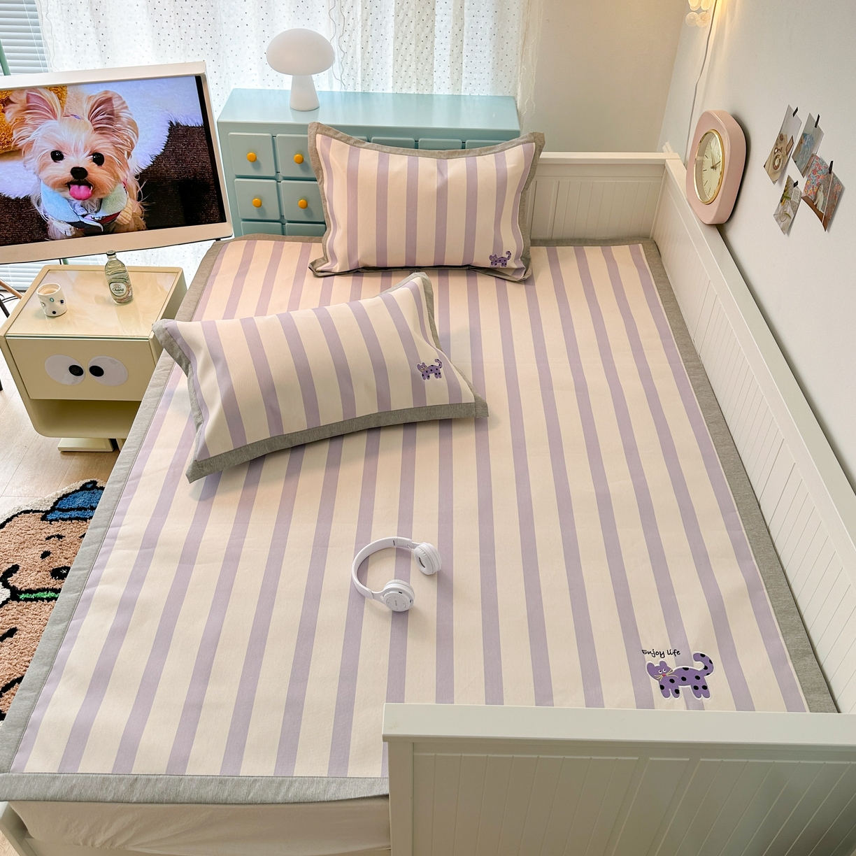 91家纺网 家纺一手货源 找家纺 昔可家纺 2024新款印花绣花冰丝席平席款 波点紫猫