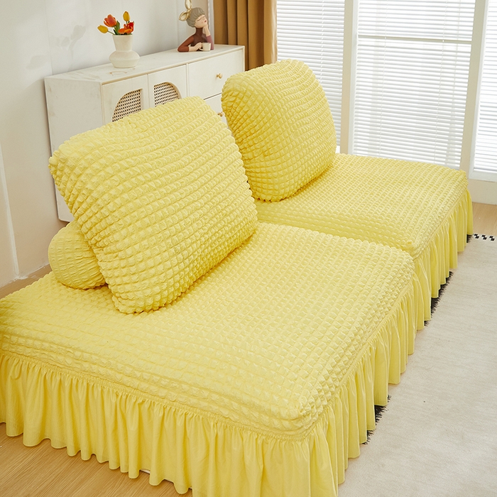 91家纺网 家纺一手货源 找家纺 丝绮鹿 2024新款模块方块沙发套系列-爆米花裙边系列 柠檬黄