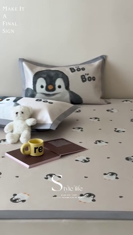 91家纺网 家纺一手货源 找家纺 圆岛 2024新款A类900D萌宠系列冰丝养生席 企鹅咕咕