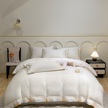 91家纺网 家纺一手货源 找家纺 新印象 2024新款60s天丝宽边绣花工艺四件套-流光 流光-象牙白