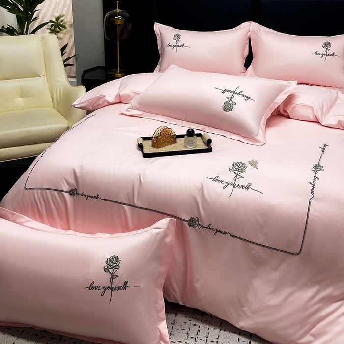 91家纺网 家纺一手货源 找家纺 宜家坊 2024春夏新品水洗天丝棉轻奢刺绣四件套水洗真丝冰丝-芸伊 粉