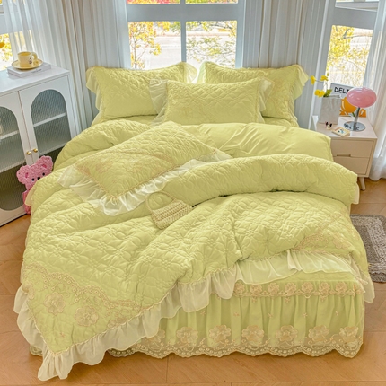 91家纺网 家纺一手货源 找家纺 罗艺轩 2024新款公主风水洗棉夹棉床裙款四件套-浪漫满屋床 浪漫满屋-元气绿