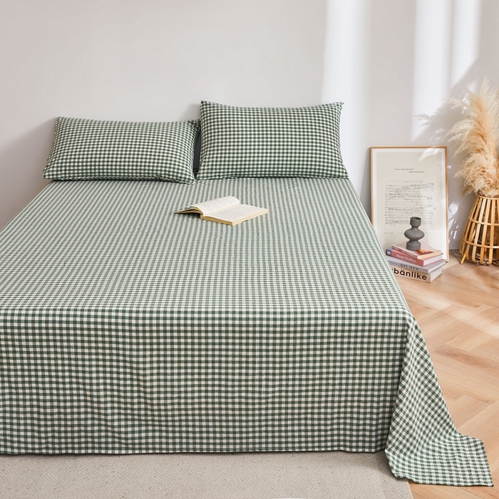 91家纺网 家纺一手货源 找家纺 雅萱家纺 2024新款雅萱-色织全棉水洗棉床单 床单-小格-绿