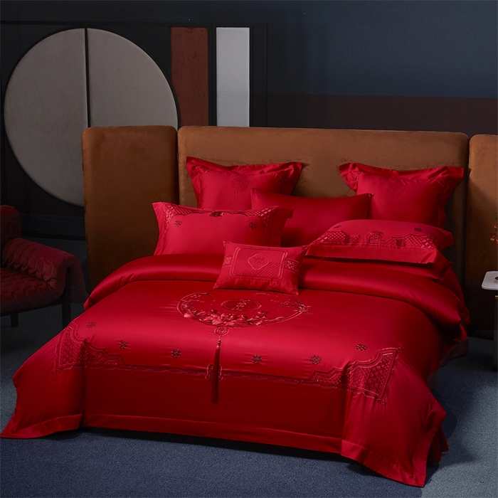 91家纺网 家纺一手货源 找家纺 高大尚婚庆馆 2025新款60s长绒棉轻奢（床裙款）婚庆四件套 美满团圆（红）