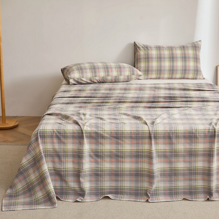 91家纺网 家纺一手货源 找家纺 雅萱家纺 2024新款雅萱-色织全棉水洗棉床单 床单-日和-绿棕格