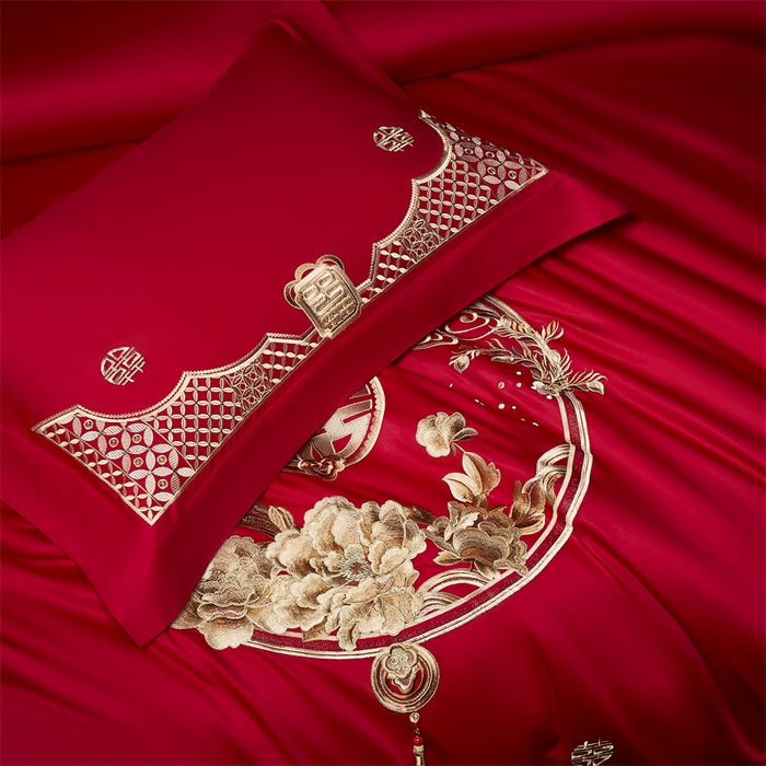 91家纺网 家纺一手货源 找家纺 高大尚婚庆馆 2025新款60s长绒棉轻奢（床裙款）婚庆四件套 美满团圆（金）