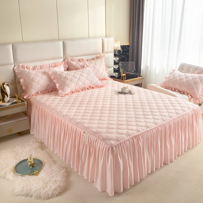 91家纺网 家纺一手货源 找家纺 忘忧草 2024新款亲肤磨毛夹棉床裙 佳人-丽人粉