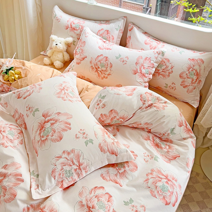 91家纺网 家纺一手货源 找家纺 暖芯优选 204新款直播爆款全棉-ins印花系列四件套纯棉三件套床单床笠 牡丹花开